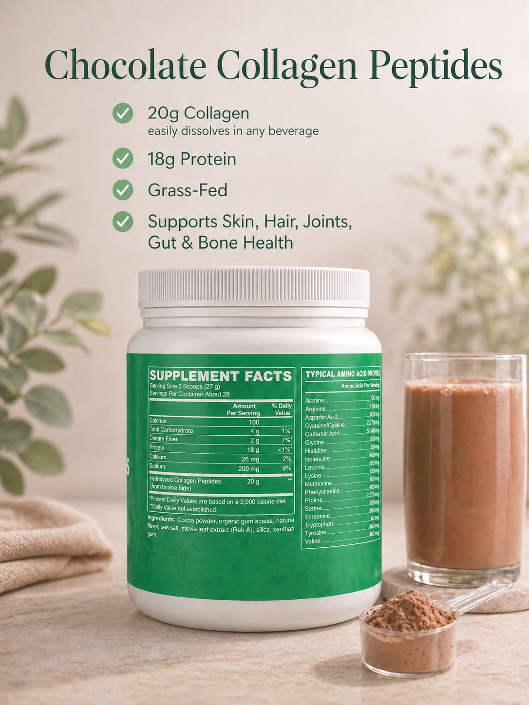 Collagen Protein Powder, Chocolate 28 Servings